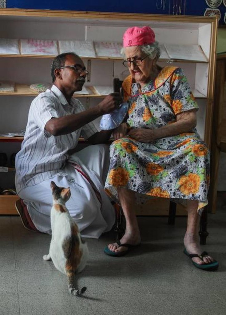 A job shared: Thaha helps Sarah embroider a Kippa, the Jewish skullcap. PHOTO: THULASI KAKKAT